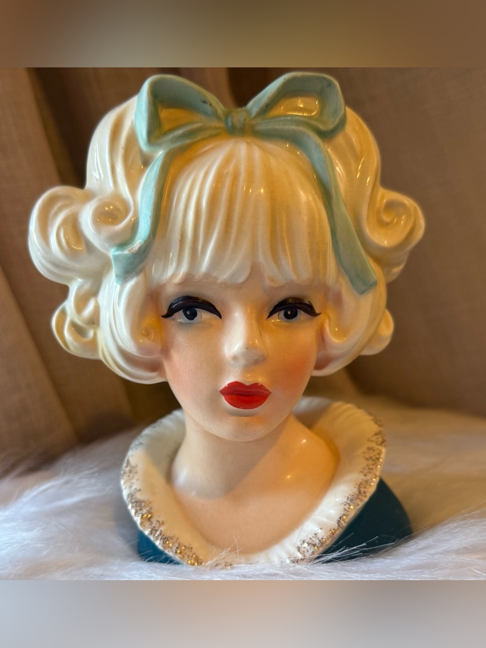 Vintage Nippon Yoko Boeki Co. Lady Head Vase Blue Vtg Japan 1960s